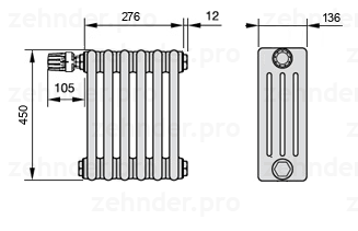 Схема (чертеж) Радиатор Zehnder Charleston 4045/6 №V012 Белый глянцевый RAL 9016